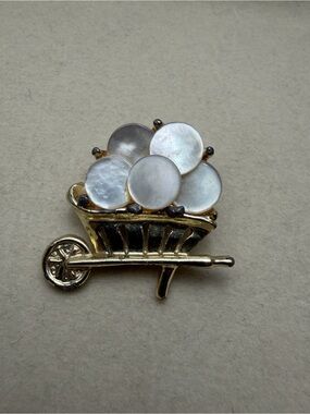 Vintage Gold-Tone Wheelbarrow Brooch with Mother-of-Pearl Discs